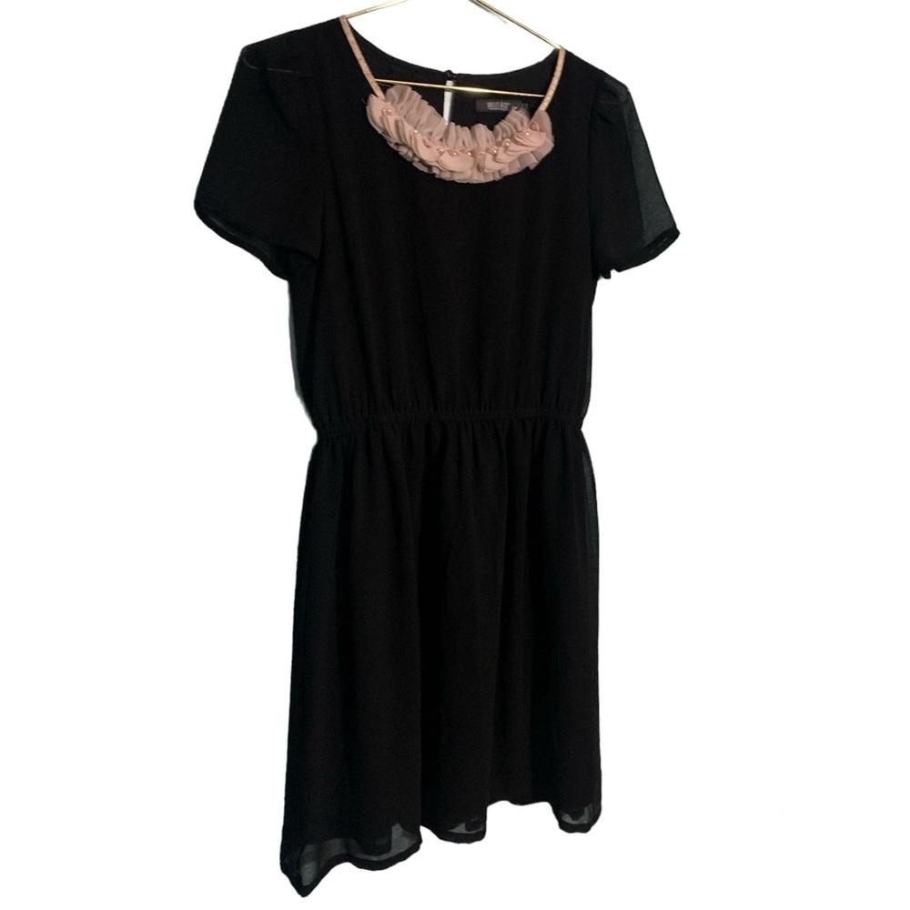 5for20 Wanko black fit & flare dress ruffle neckline w/ pearl bead detail